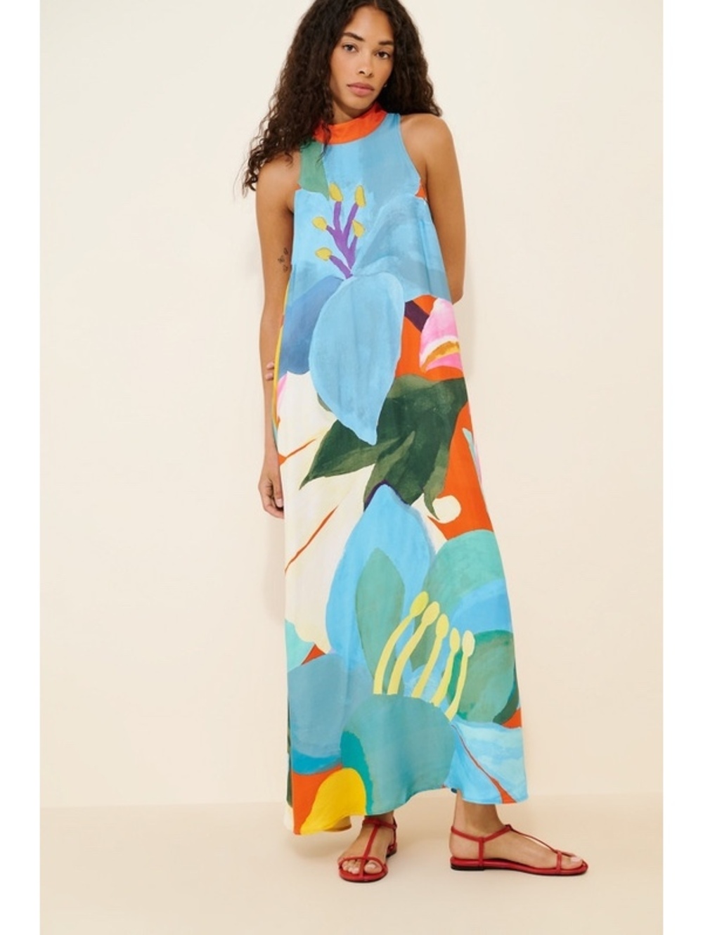 FARM RIO Anthropologie Printed halter silky maxi dress